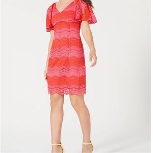 Trina Turk Red and Pink Color Wave Lace Dress